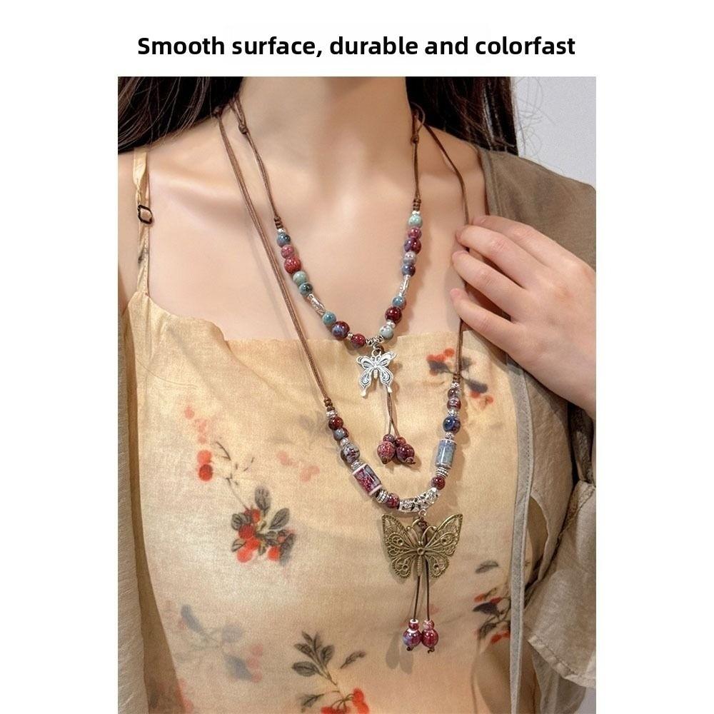 Adjustable Butterfly Pendant Necklace Chinese Ethnic Style Necklace Long Sweater Chain Gifts