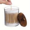 Round Cosmetic Organizers With Natural Wooden Top Transparent Bathroom Storage Container with Wooden Tray