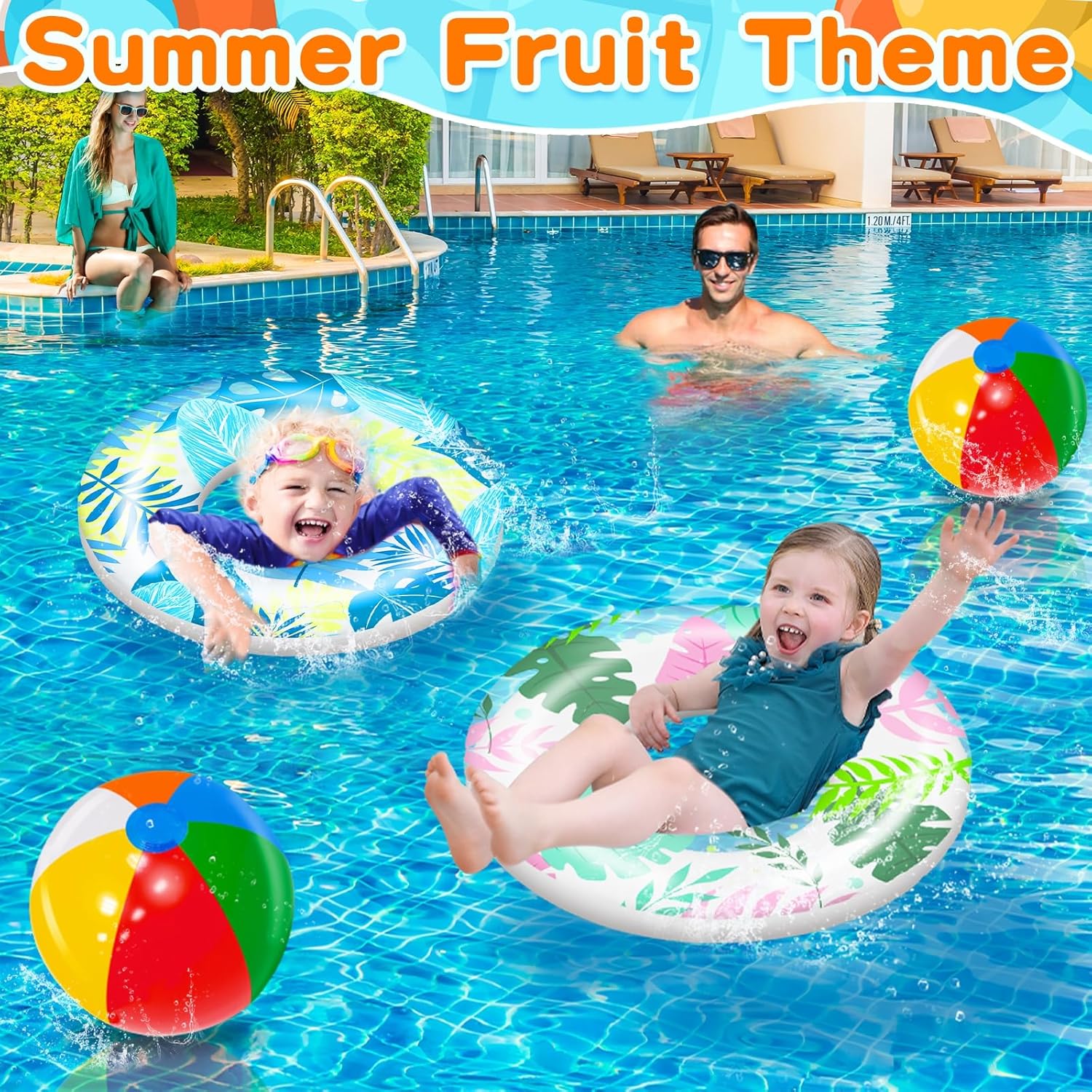 4 Pack Luau Pool Floats Kids, 2 Pcs Inflatable Hawaiian-Themed Swim Tube Rings and 2 Pcs Rainbow Beach Balls, Pool Floaties Summer Beach Toys Luau