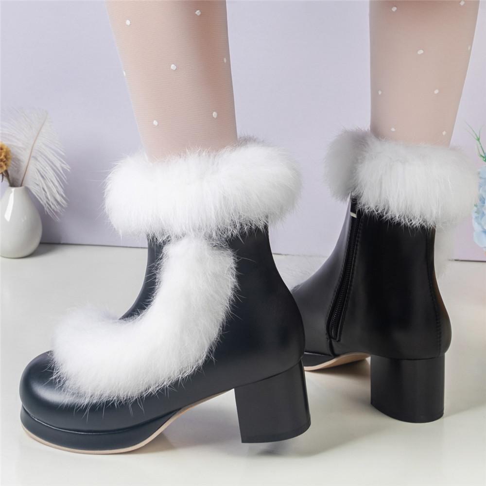 Fashion Ladies Ankle Boots Women Shoes Sweet Fur Lolita Lovely Cosplay Platform Girls Mid Heels Booties Woman Pink White Big Size 31-46
