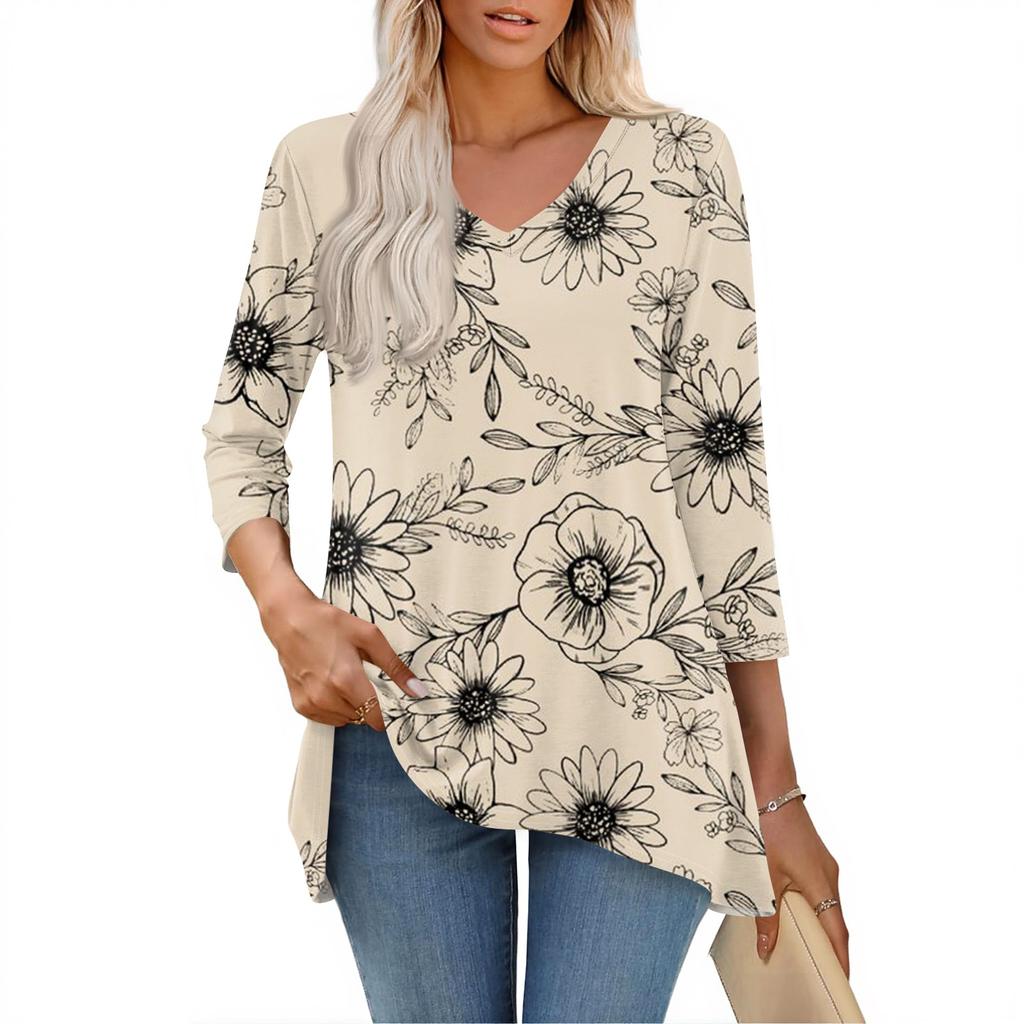 Dámské topy s výstřihem do V a 3/4 rukávem, ležérní košile střední délky, módní tuniky s potiskem