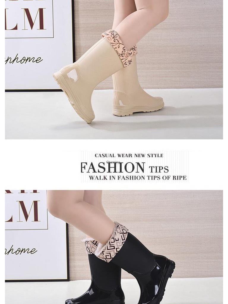 Women's Waterproof Thick-Soled Mid-Calf Rain Boots - Non-Slip, Wear-Resistant, Warm Rubber Shoes for Work and Wading.