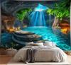 Nature Karst Cave Waterfall Tapestry Sunshine Throught Cave Water Green Leaves Landscape Wall Hanging Backdrop for Home