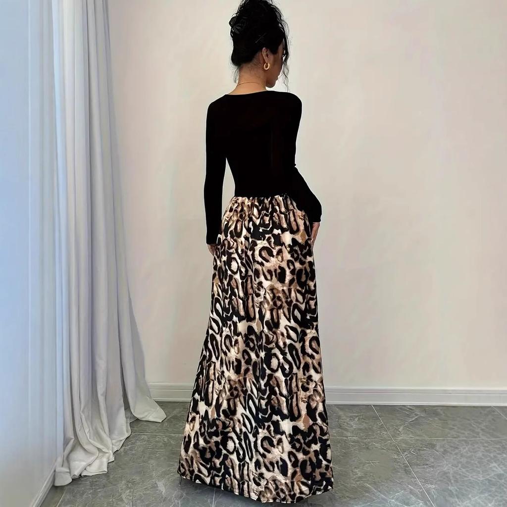 Spring Women Vintage Sexy High Waist Slim Clashing Elegant Leopard Print V-Neck Dresses