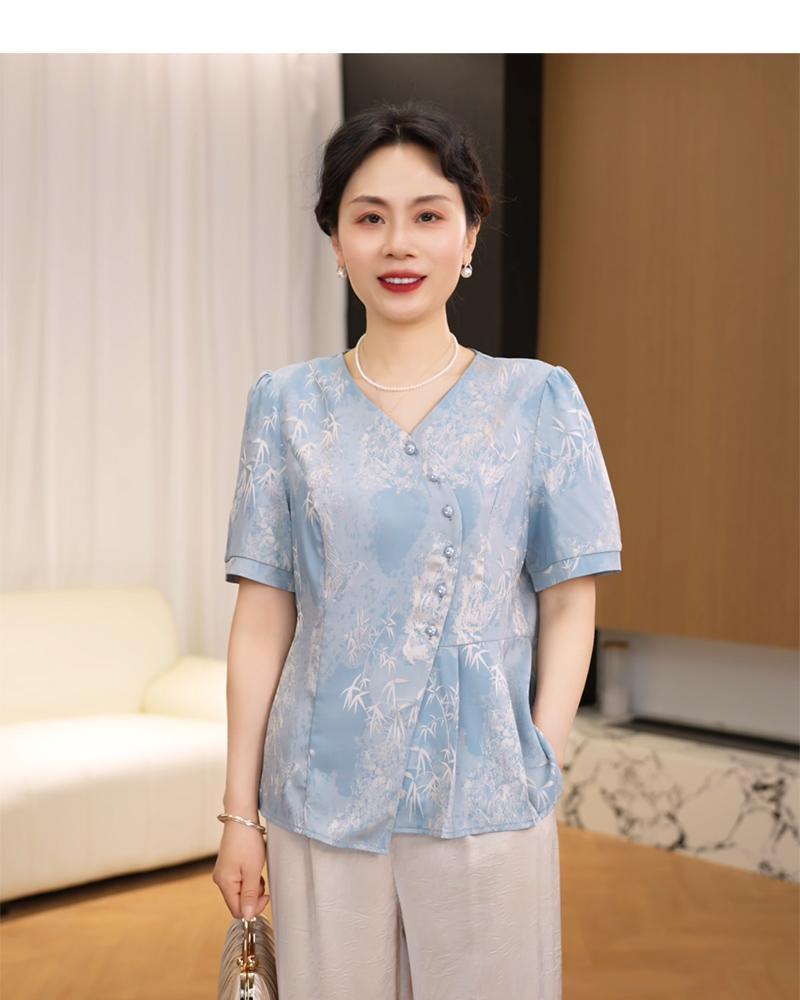 

Elegant Summer Chinese-Style Short Sleeve Shirt for Middle-Aged and Elderly Women - 2026 Printed Top 2XL (100-115 jin)