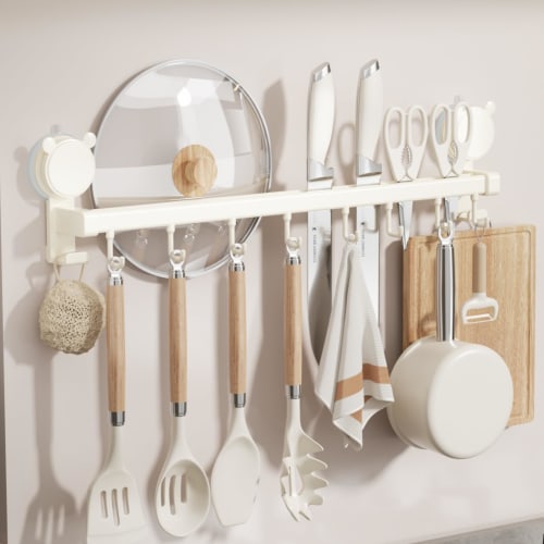 Wall-Mounted Kitchen Tool Hooks with Strong Adhesive and Suction Cups, Wall Beauty, Kitchen Storage, Cookware Storage, No-Drill Hooks, Metal and Alumi