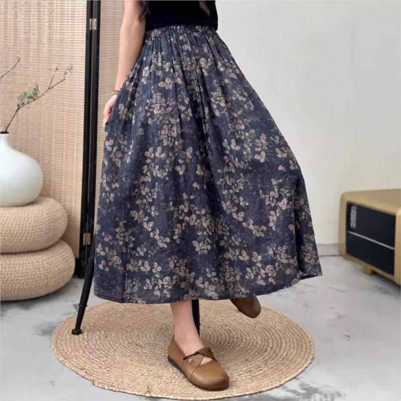 

Johnature Женские юбки с винтажным принтом и цветочным принтом, эластичная резинка на талии, двойные хлопковые ткани, летние юбки А-силуэта в китайском стиле One Size чёрный