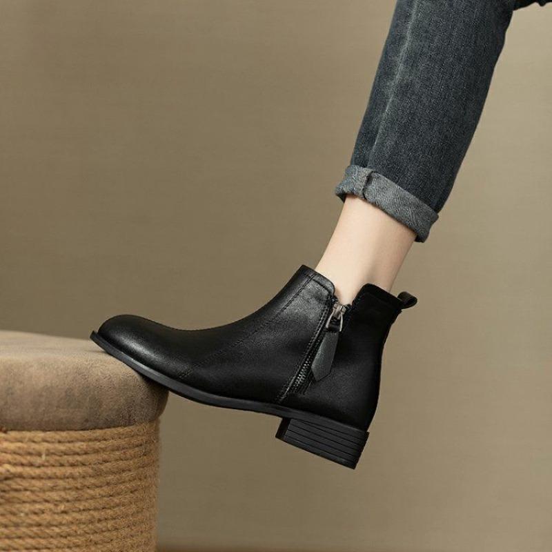 Black Round Toe Leather Women's Ankle Boots Autumn Winter Fleece-Lined Pu Female Short Shoes High Quality on Offer Booties Sale