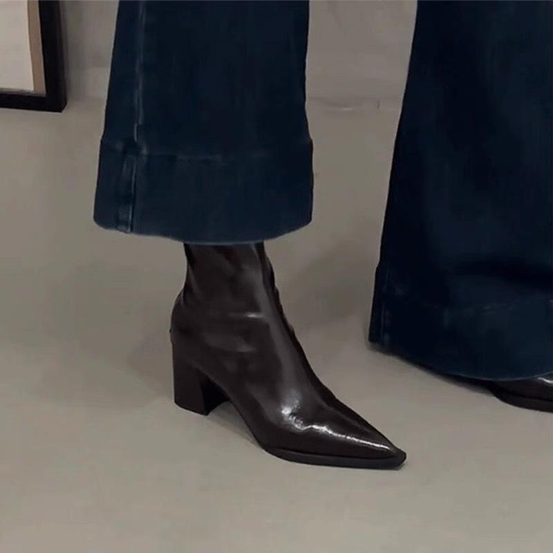 High-heeled short boots women's new autumn and winter design sense niche pointed thin boots soft leather thick-heeled boots fashion boots