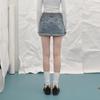 UNIFREE 2026 Spring Korean Style Distressed Denim Mini Skirt with Rhinestones