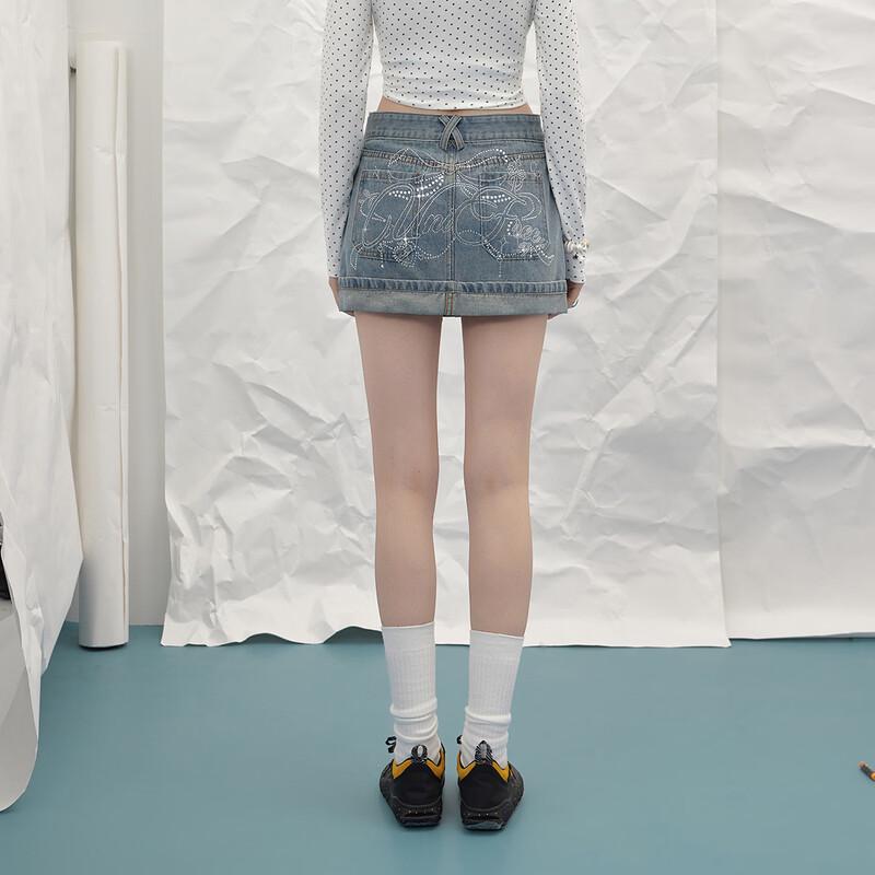 UNIFREE 2026 Spring Korean Style Distressed Denim Mini Skirt with Rhinestones