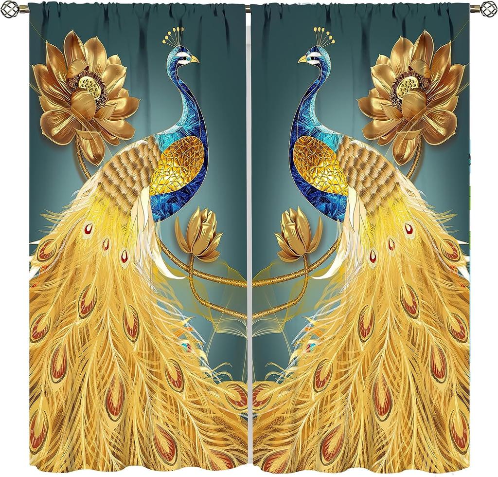 2pcs Golden Peacock Printed Polyester Fiber Chinese Style Curtains, Suitable For Bedroom Office Kitchen Living Room Study Hoom