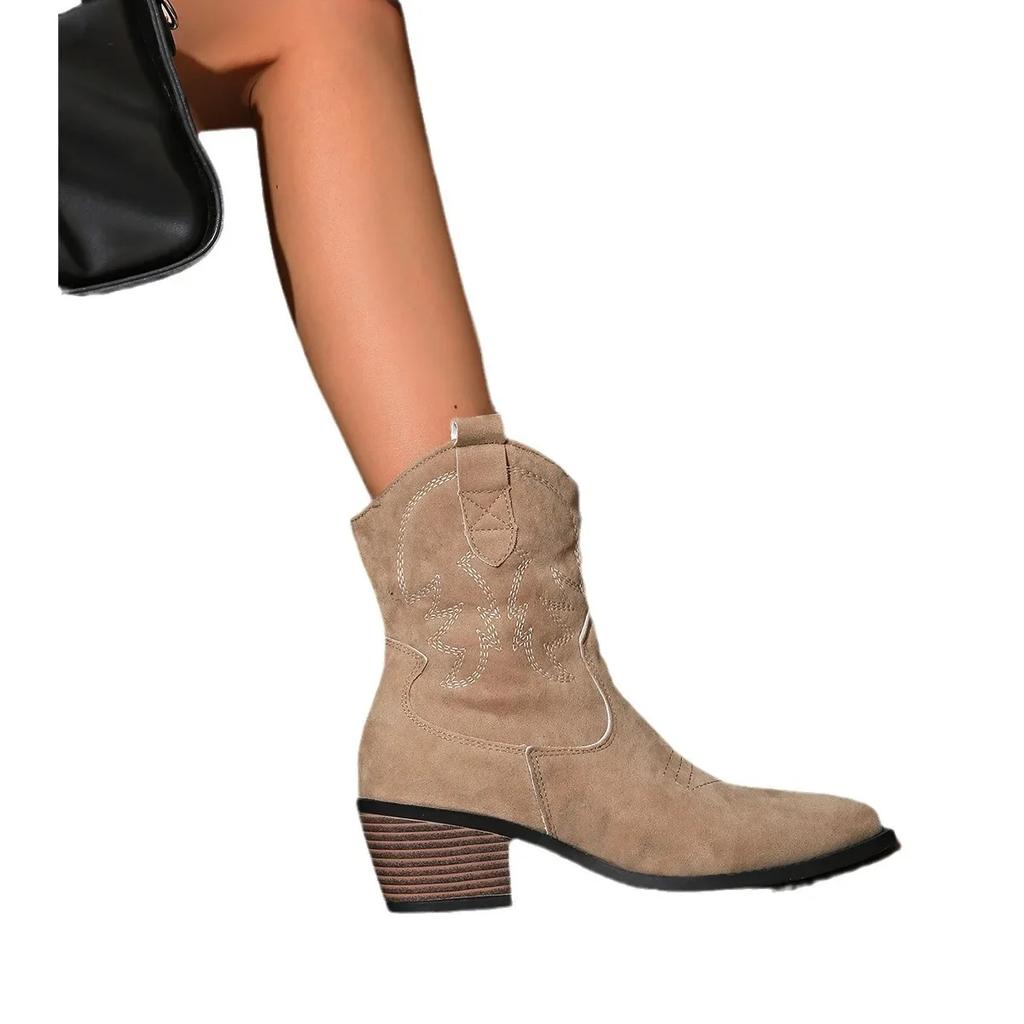 Women's Retro Short Boots Faux Suede Chunky Heel Pointed Toe V-Cut Cross-Border Large Size Spring Autumn Ankle Booties