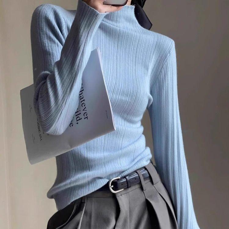 Damen Blauer Rollkragen Strick Baselayer Herbst Winter High-End Slim Fit Pullover Top