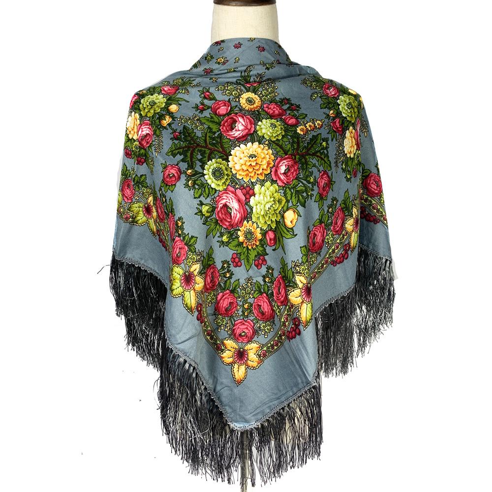 Women Retro Ukrainian Fringed Shawl Babushka Bandana Handkerchief Female Head Wraps Russian Floral Print Square Scarf