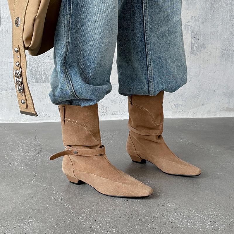 Fashion 2025 Autumn Winter New Trend Natural Cow Suede Retro Women Shoes Mid Calf Boots Brown Mid Heel Chunky Heels Square Toe Boots