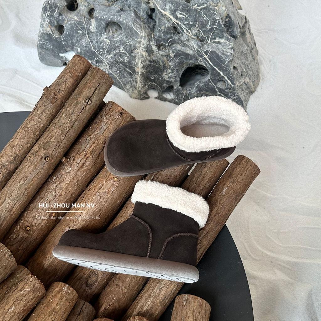 Cowhide Version~ Retro Round Head Ugly Cute Short Boots Women's Velvet Low-top Snow Boots Warm Large Cotton Shoes Thick-soled Fluffy Boots