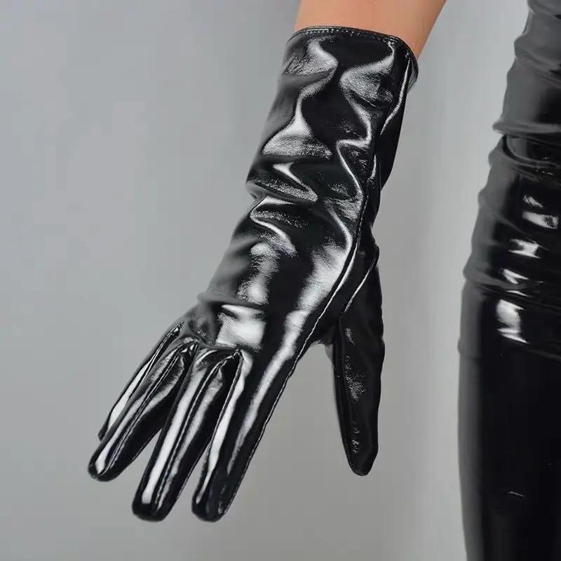 Extra Långa 70CM Lackläderhandskar Dam Ljus Svarta Simulerat Läder PU Varma Prestanda Fotografi Cosplay Gratis Frakt