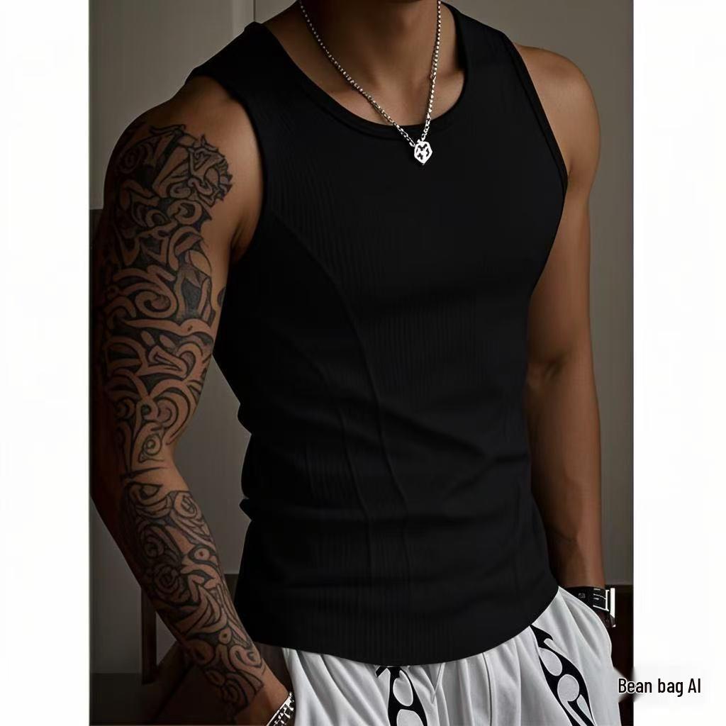 Men's Summer Coarse Rib Spliced Tank Top: Tight-Fit, Elastic, Breathable, Sweat-Absorbent Sportswear