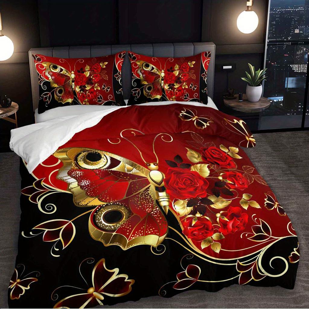 3pcs Red Rose Golden Butterfly Bedding Set Luxury Butterfly Duvet Cover Set Romantic Themed Quilt Cover Set Elegant Design