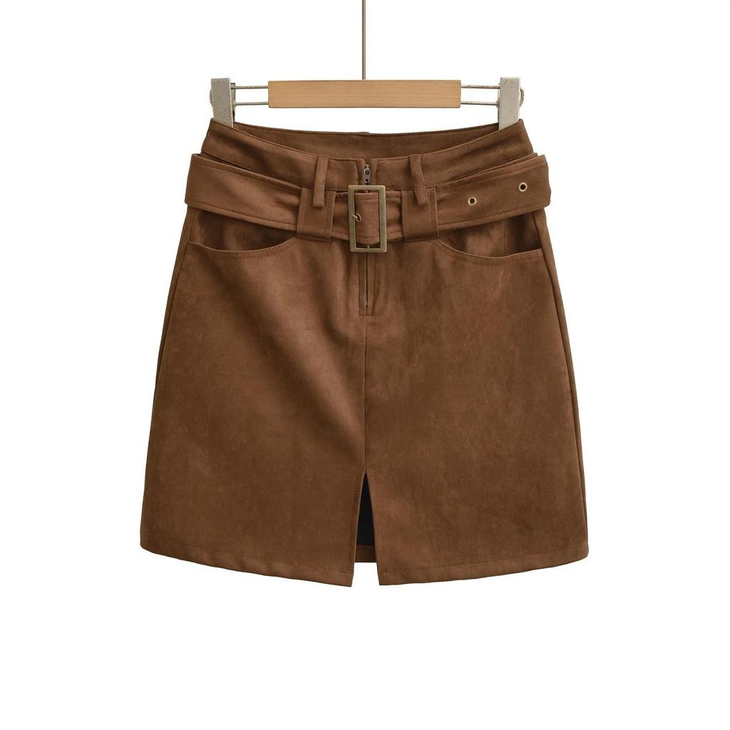 Women's Suede Plush Belted Pencil Skirt - Autumn/Winter Collection