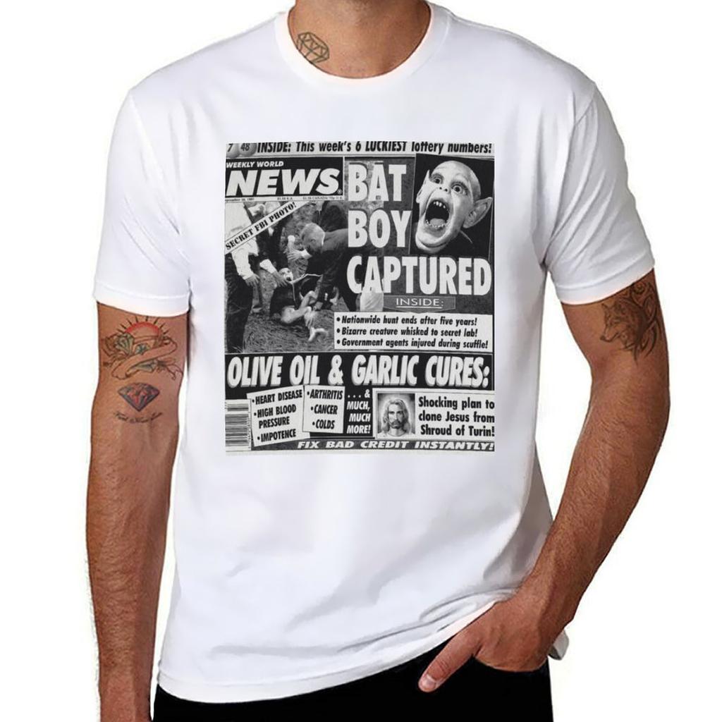 Bat boy captured bizarre odd strange enquire magazine article weekly news clone jesus T-Shirt man t shirt heavy cotton T-Shirt