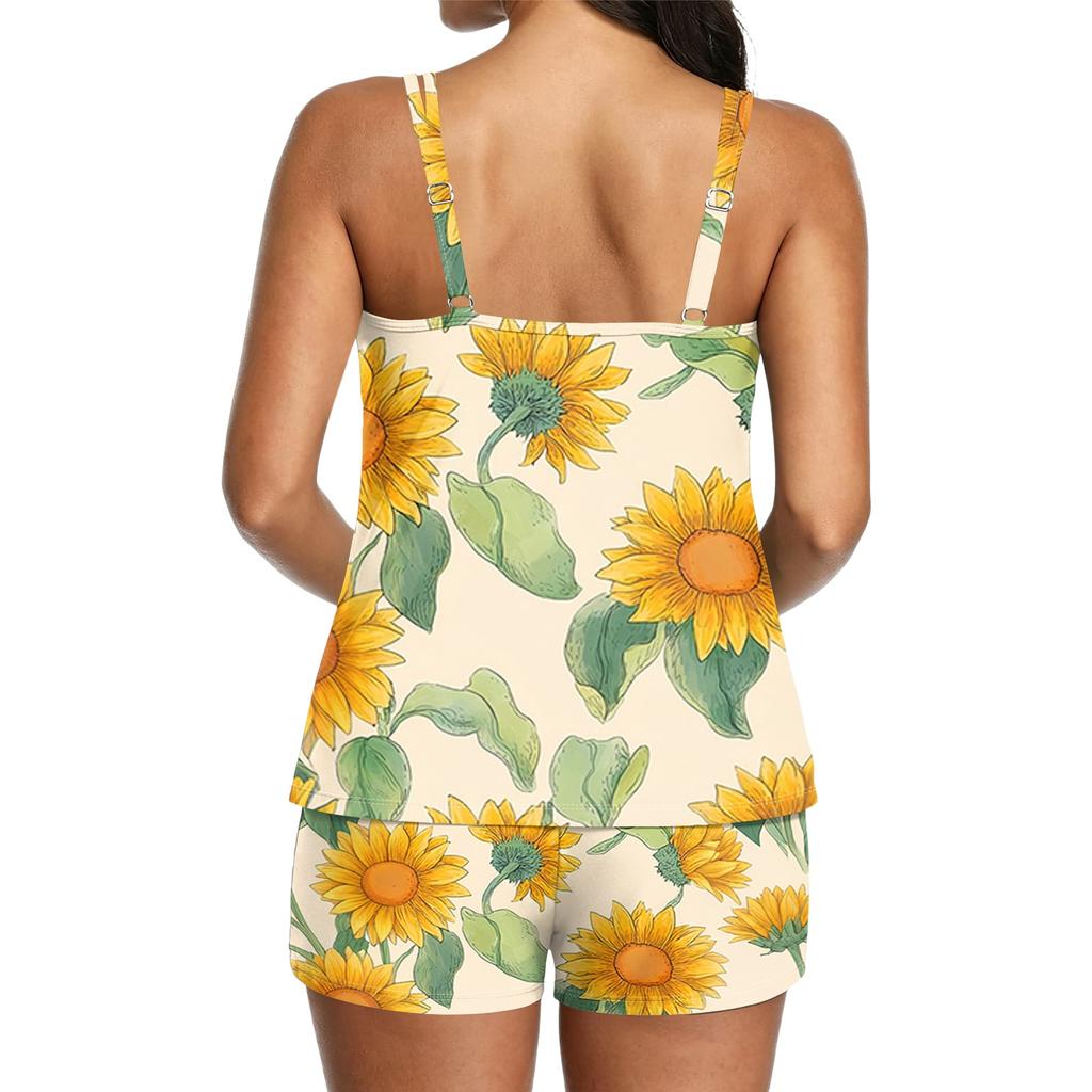 Women’s Sleeveless Sunflower Print Tank Top and Shorts Set Casual Lightweight Relaxed Fit Sleepwear Loungewear