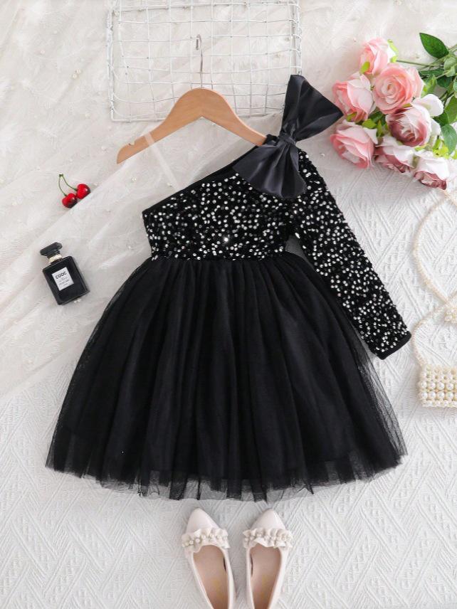 European & American Children's Elegant Sequin One-Shoulder Bow Princess Dress