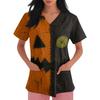 Women V Neck Halloween Print Short Sleeve Medical Scrub Top with Pocket Side Slit Workwear Uniform Shirt for Healthcare Professionals