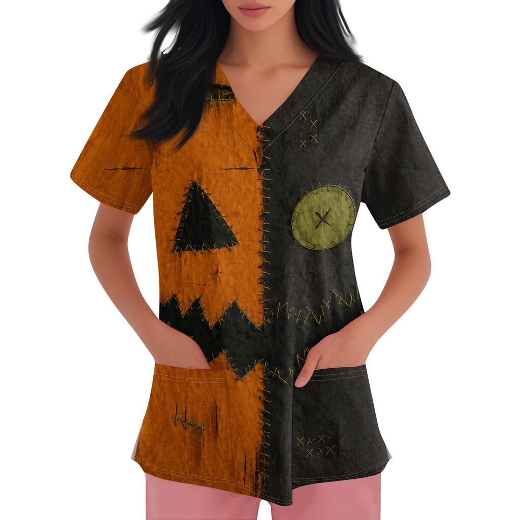 Women V Neck Halloween Print Short Sleeve Medical Scrub Top with Pocket Side Slit Workwear Uniform Shirt for Healthcare Professionals