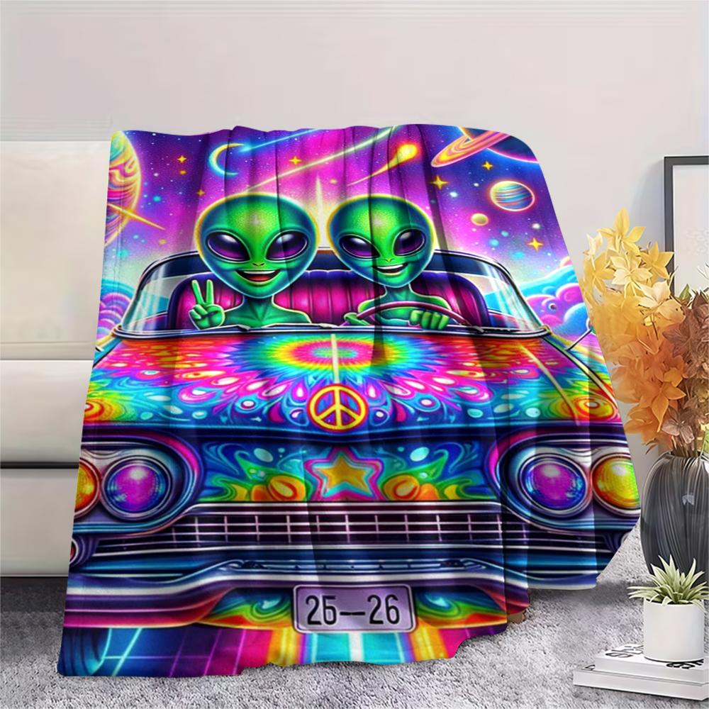 1 szt. Koc flanelowy z nadrukiem UFO i kosmitów, Wysokiej jakości, Wygodny na wszystkie pory roku, Wystrój domu, Ciepło i komfort, Idealny na prezenty