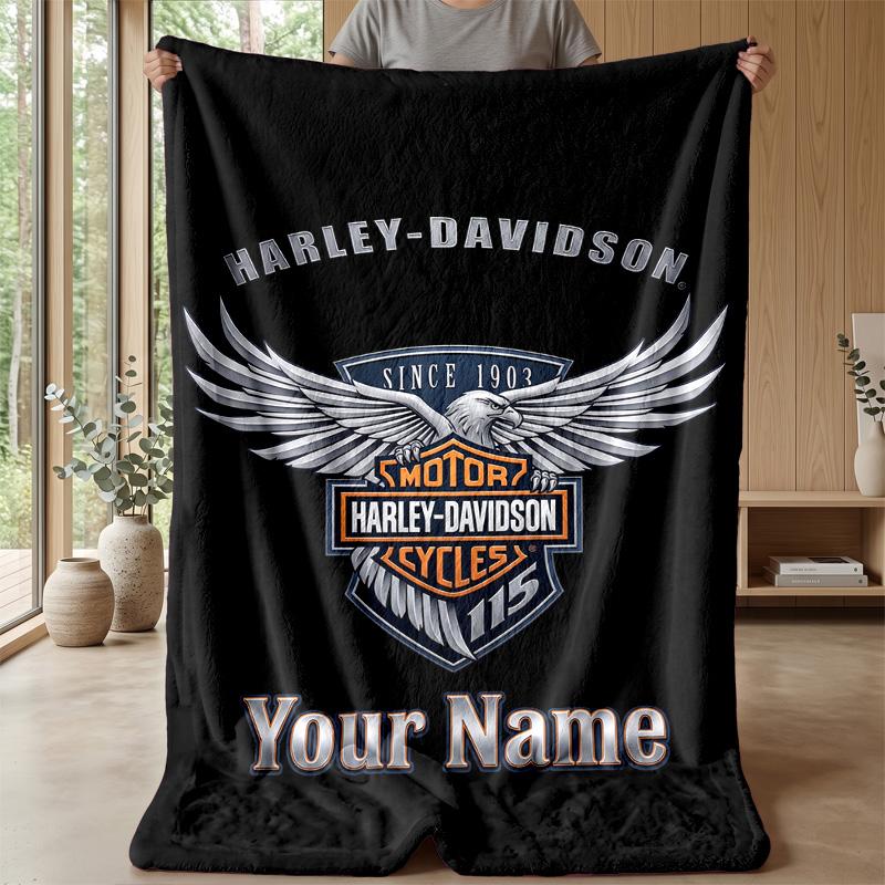 Harley-Davidson Custom Flanelowy Koc Rzutowy Nadrukuj Swoje Imię Tekst Miękki Ciepły Koc Prezent Świąteczny