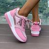 Women's Thick Soled Sports Shoes Breathable Sequins Round Toe Casual Sports Shoes Plus Size Lace Up Shoes 36-43