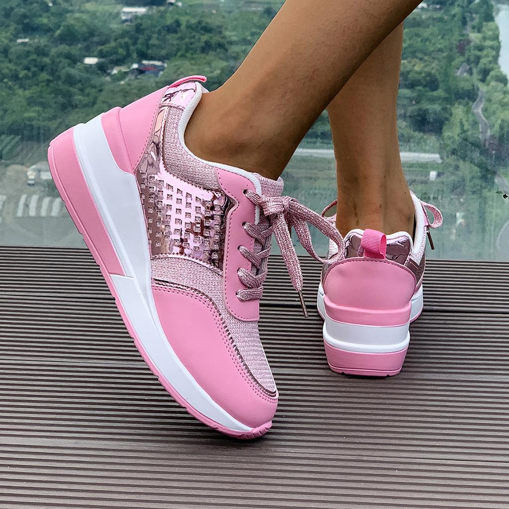 Women's Thick Soled Sports Shoes Breathable Sequins Round Toe Casual Sports Shoes Plus Size Lace Up Shoes 36-43