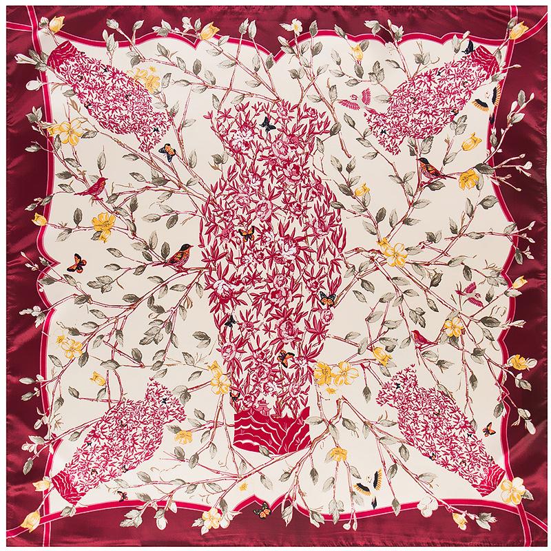 90*90cm  Luxury Brand Women Chinese Silk Floral  Scarfs Female European Style Square Scarves Spring Summer Shawls For Ladies