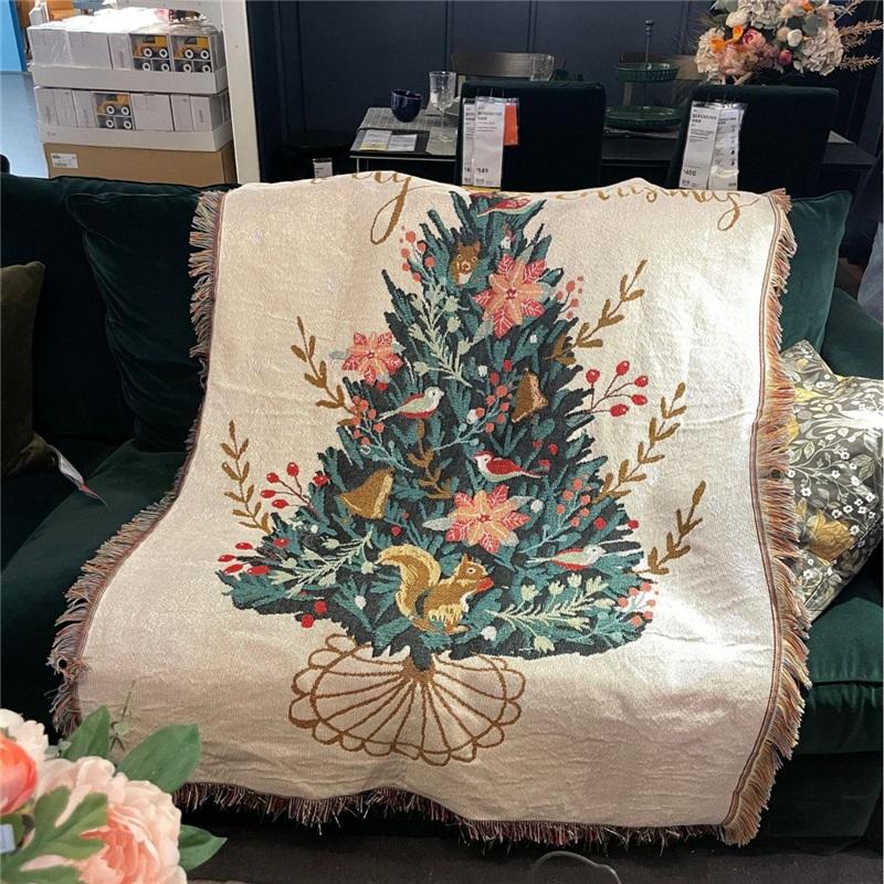 Retro Cartoon Sofa Blanket Cotton Throw Warm Christmas Living Room Couch Towel Soft Cozy Sofa Cover Decorative Blanket