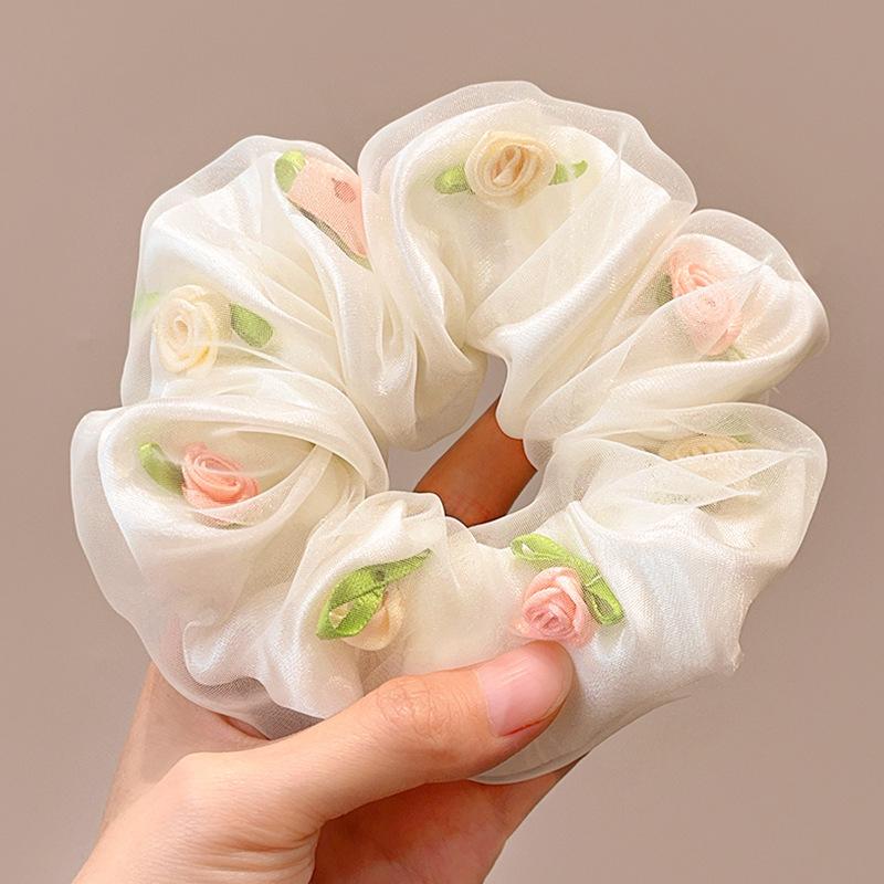 Rose Large Fat Intestine Hair Band Double-Layer Organza Head Flower Hair Band High Value Ponytail Hair Accessories
