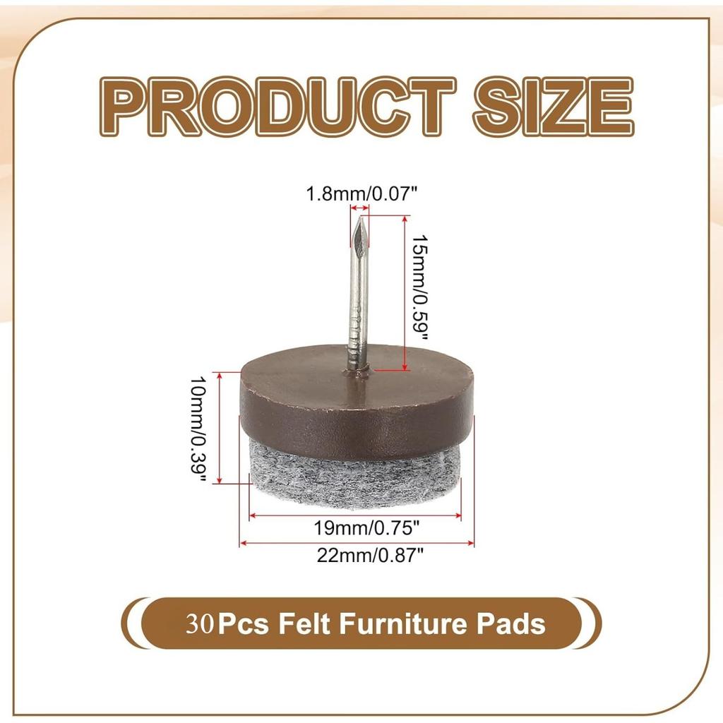 Nail-on Felt Pads, 30 Pcs Round Felt Furniture Sliders Pads Heavy Duty Floor Protectors for Wooden Chair Sofa Table Leg Feet