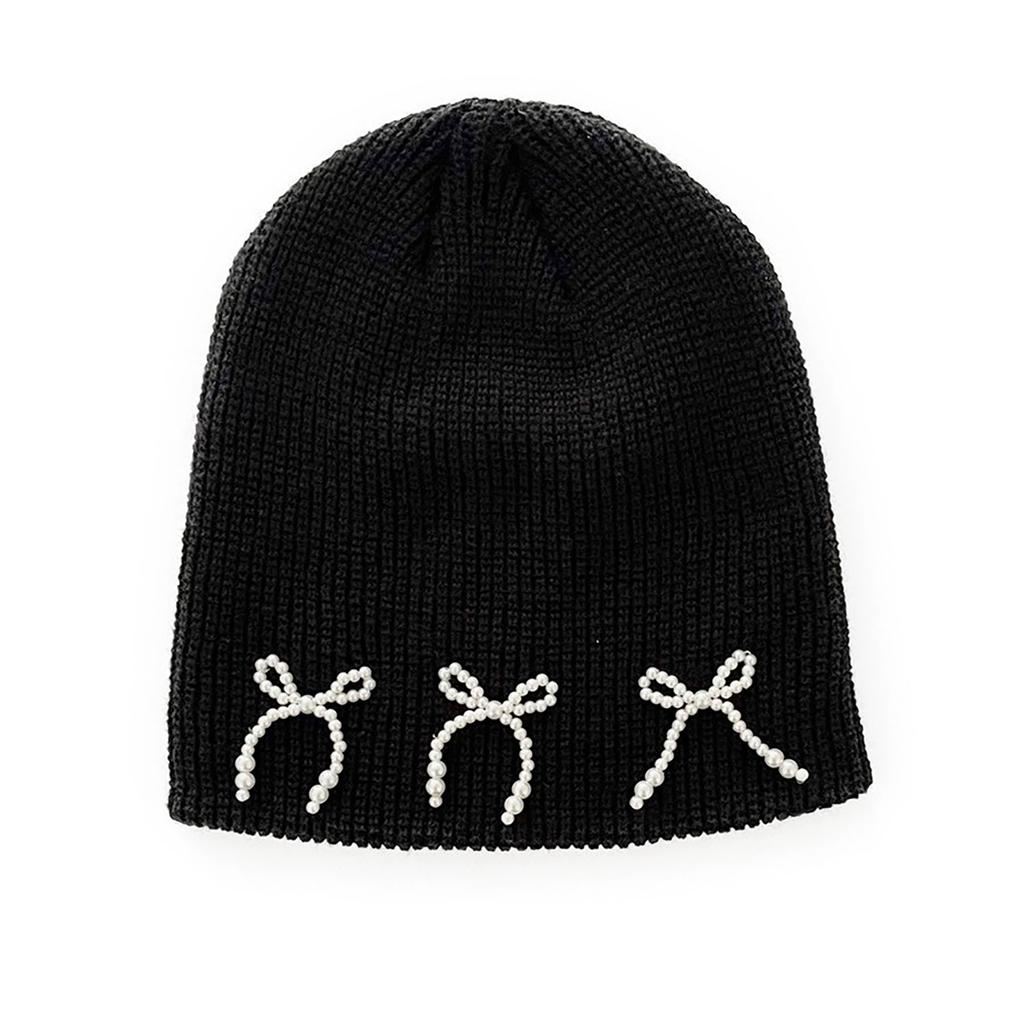 Black Women Beanie Hat Jeweled Pearls Girls Hat Photo Props Versatile Bows Studded Hat for Autumn and Winter