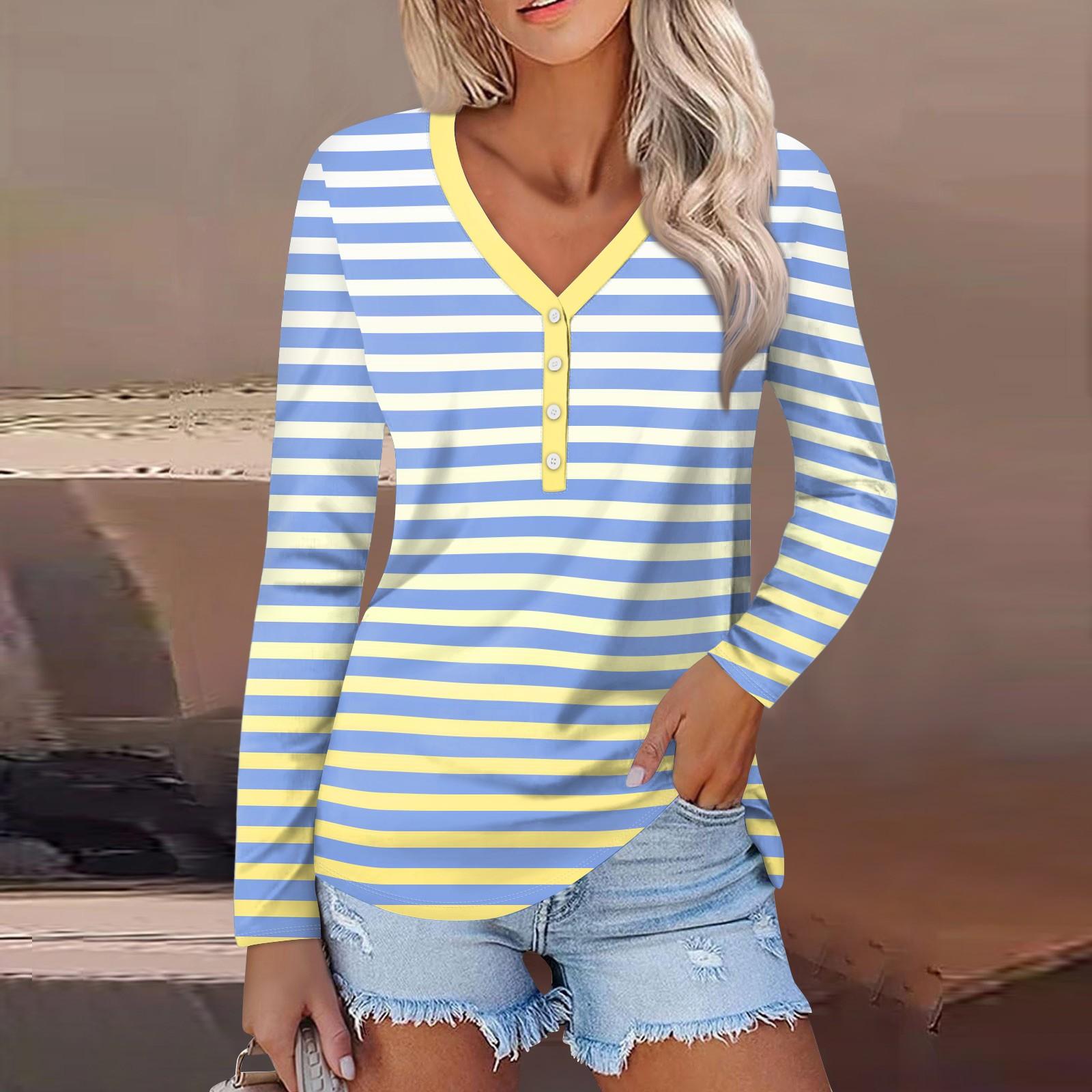 

Женский модный повседневный топ с длинными рукавами, полосатым принтом, V-образным вырезом и пуговицами XL небесно-голубой