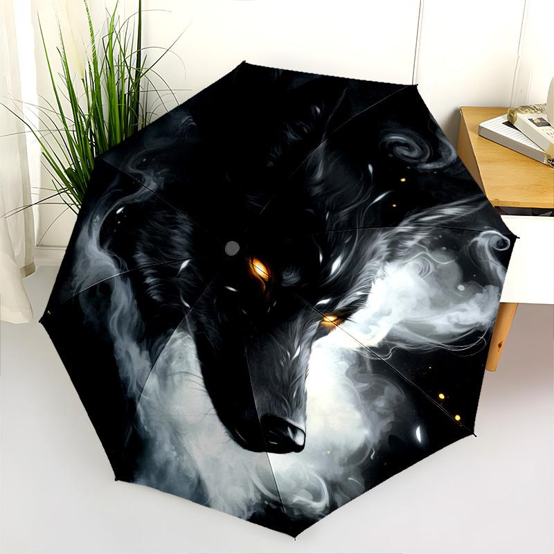Rauchwolf-Muster, automatisch faltbarer Regenschirm, tragbares und faltbares Design, 8 Speichen, ein Weihnachts- oder Geburtstagsgeschenk.