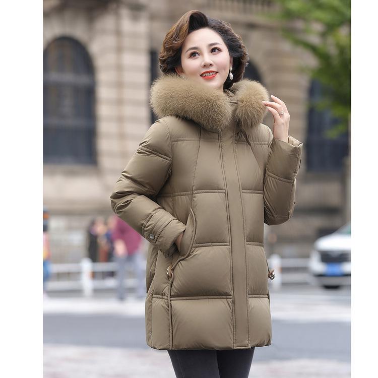 Hooded Can Be Taken Off The Fur Collar Solid Color Fashionable Mid-length White Duck Down Jacket Middle-aged and Elderly Women's Down Jacket
