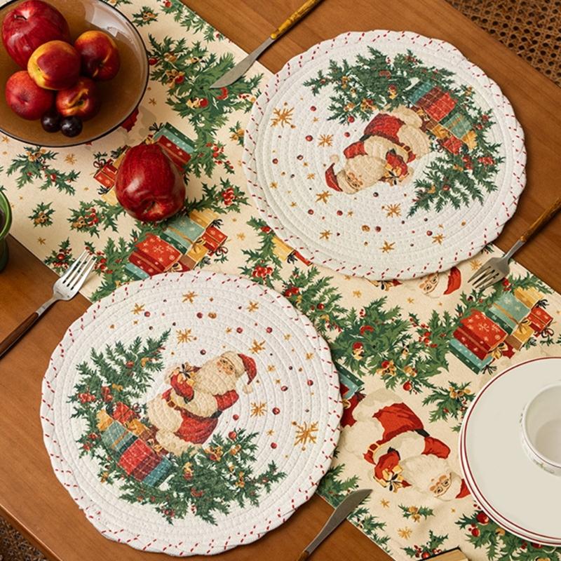 Christmas Snowflake Embroidered Round Table Placemat Heatproof Waterproofs Washable Decorative Dining Accessory