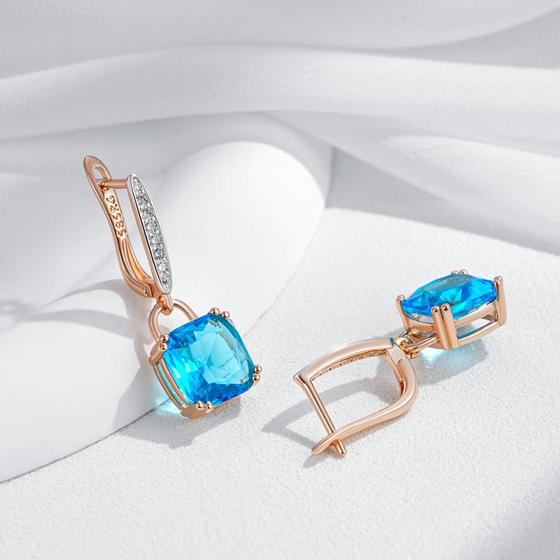 Square Blue Natural Zircon Dangle Earrings For Women  Rose Gold  Color Mix High Quality Daily Fine Jewelry