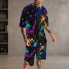 Men Plus Size Colorful Printed Round Neck Short Sleeve T Shirt Drawstring Pocket Shorts Two Piece Set