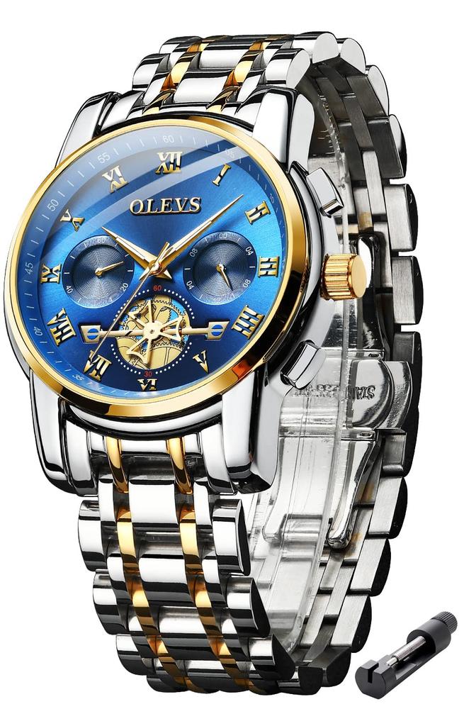 OLEVS Men's Stylish Chronograph Watch, Popular Brand for Business, Large, Easy-to-Read Analog, Waterproof Quartz Wristwatch, Black (Blue)