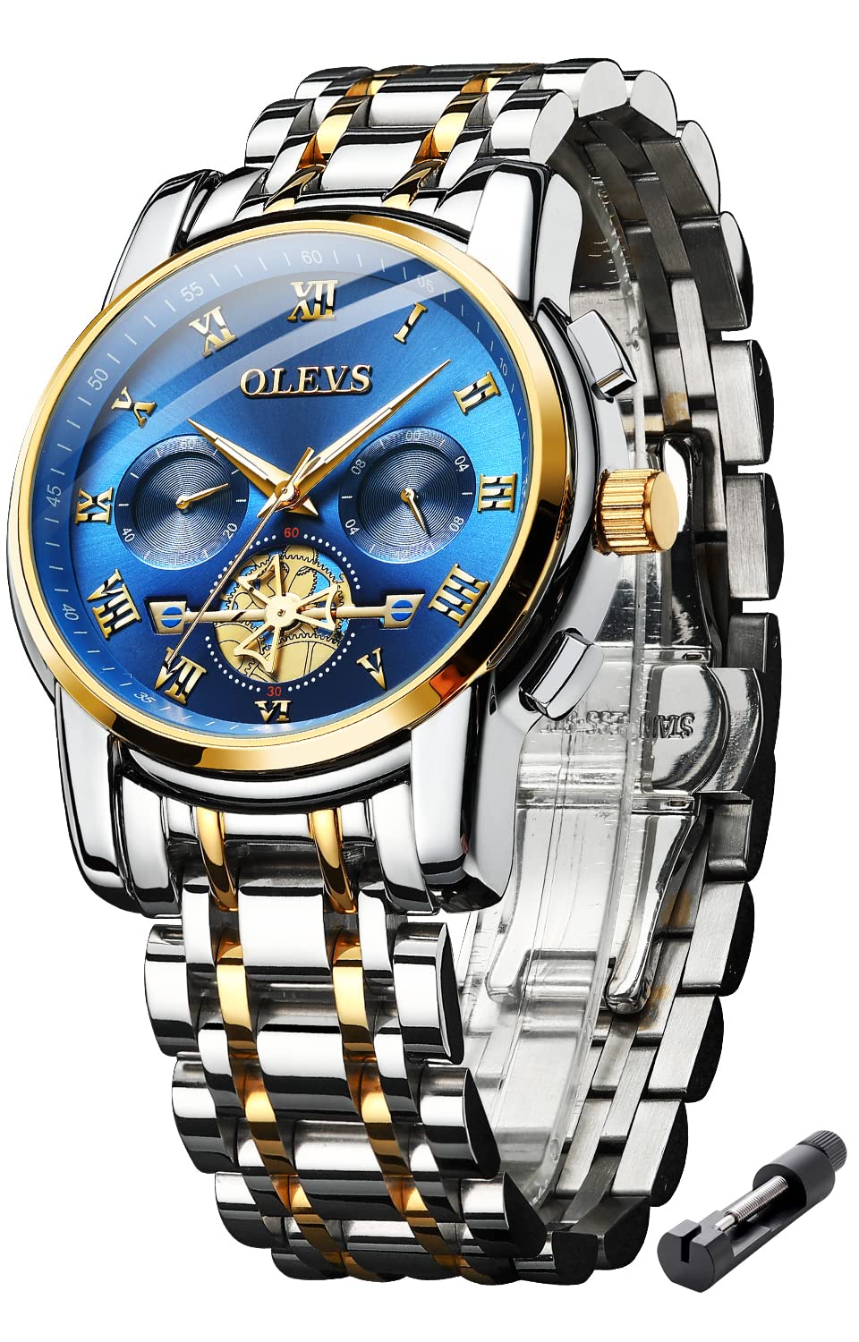 Стильные мужские часы-хронограф OLEVS, Популярный бренд для бизнеса, Большие, Легко читаемые аналоговые, Водонепроницаемые кварцевые наручные часы, Черные (синий)