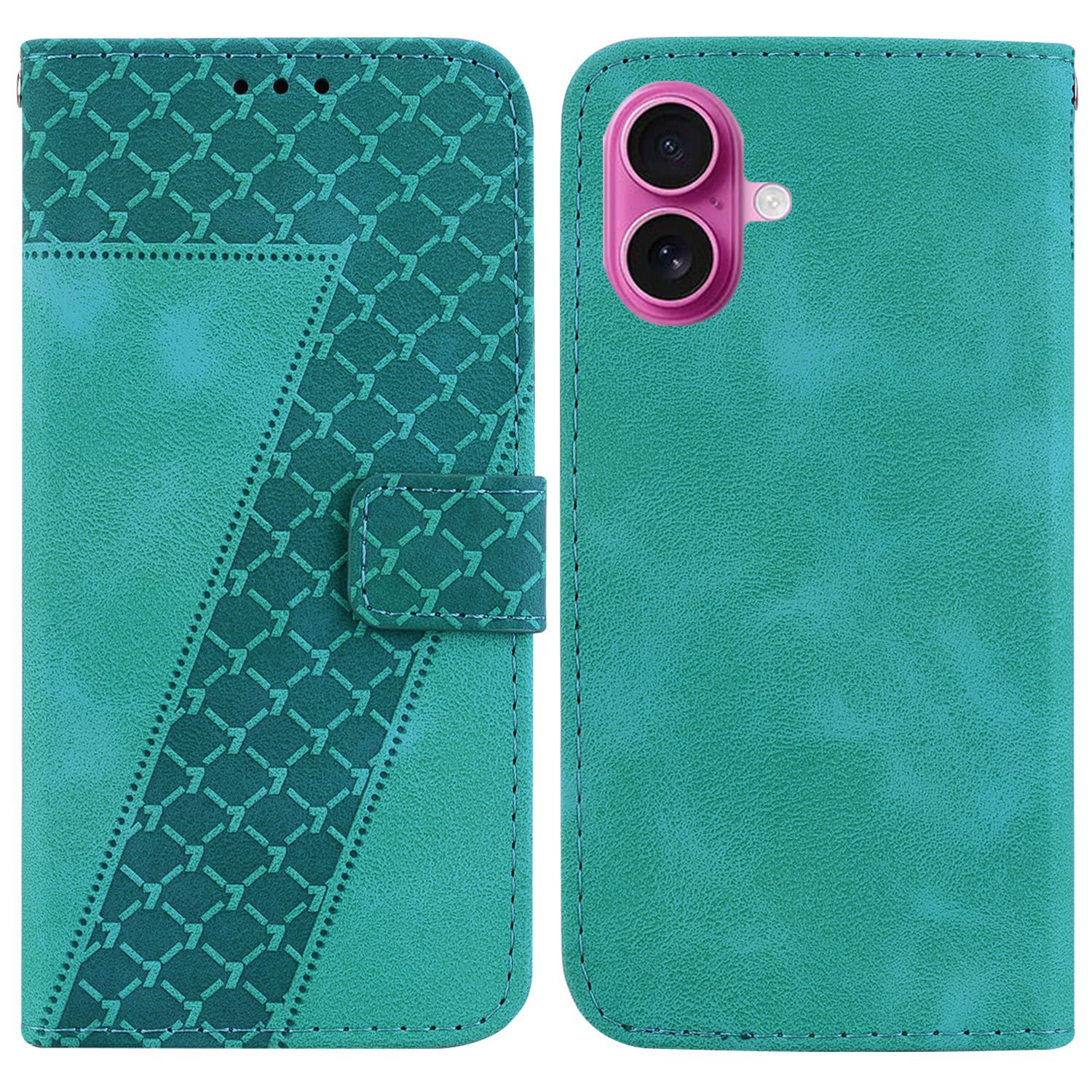 

For iPhone 17 Stand Case 7-Shaped Pattern Imprint Leather Phone Cover with Strap Green