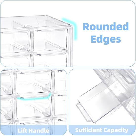 2 Pcs Acrylic Clear Stackable Storage Drawers, Desk Storage Organizer with 9 Mini Drawers, Removable Storage Box with Sticker for Makeup Jewelry