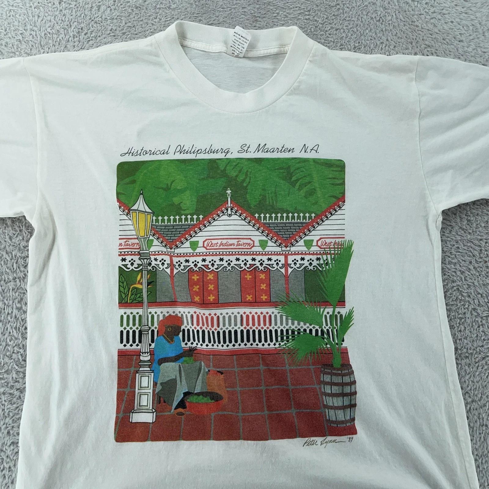 

Vintage St. Maarten Philipsburg T-Shirt Large White Historical Graphic 80s Art S